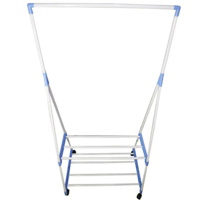 Вішалка підлогова Clothes Rack пересувна двоярусна з полицями стійка для одягу та взуття на коліщатках Вішалка підлогова Clothes Rack пересувна двоярусна з полицями стійка для одягу та взуття на коліщатках