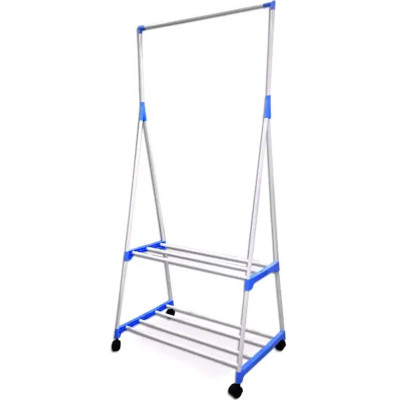 Вішалка підлогова Clothes Rack пересувна двоярусна з полицями стійка для одягу та взуття на коліщатках Вішалка підлогова Clothes Rack пересувна двоярусна з полицями стійка для одягу та взуття на коліщатках