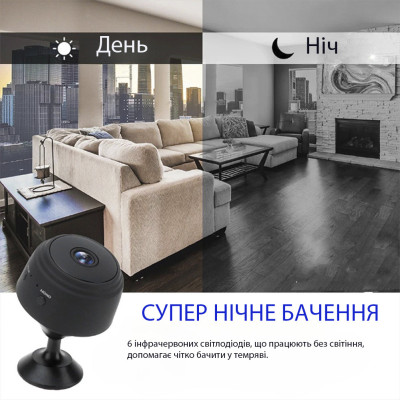 Мини камера IP Видеонаблюдение Wi-Fi FullHD 1080 Action Camera A9 беспроводная с датчиком движения