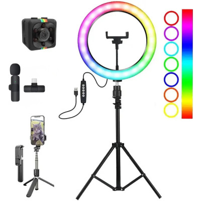 Набір блогера 5в1 Світлодіодна кільцева RGB лампа 3D 36см Штатив 2м Селфі палиця Петличний мікрофон Екш камера