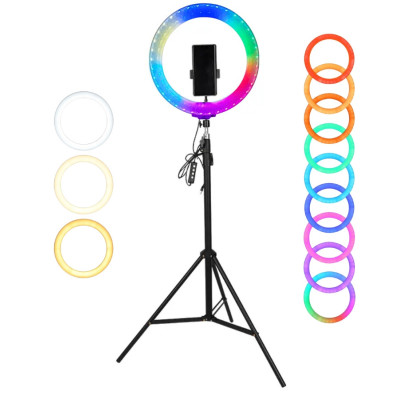 Светодиодная кольцевая лампа RGB 3D 26 см со штативом 2 м цветная двухсторонняя LED Селфи кольцо от USB