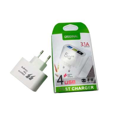 Блок живлення на 4 USB порту FAST CHARGER 3.1А 5G з функцією швидкого заряджання Блок живлення на 4 USB порту FAST CHARGER 3.1А 5G з функцією швидкого заряджання
