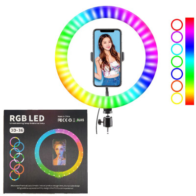 Кольцевая лампа светодиодная 3D RGB 36 см цветная двухсторонняя LED Селфи кольцо для фото блогеров от usb