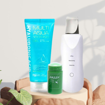 Скрабер ультразвуковой в наборе с зеленой маской стиком и гелем с гиалуроновой кислотой комплект для кожи