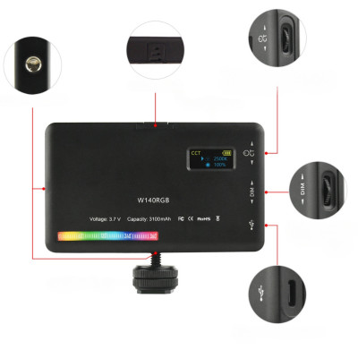 Бездротове накамерне відеосвітло W140RGB акумуляторна міні лампа LED портативна для фото і відео Бездротове накамерне відеосвітло W140RGB акумуляторна міні лампа LED портативна для фото і відео