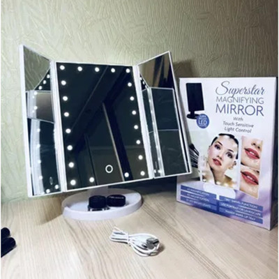 Косметичне дзеркало з Led підсвіткою для макіяжу настільне потрійне 22 світлодіода Folding mirror Косметичне дзеркало з Led підсвіткою для макіяжу настільне потрійне 22 світлодіода Folding mirror