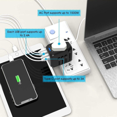 Універсальний мережевий USB адаптер для подорожей та дому Travel Adapter перехідник для розеток Чорний Універсальний мережевий USB адаптер для подорожей та дому Travel Adapter перехідник для розеток Чорний