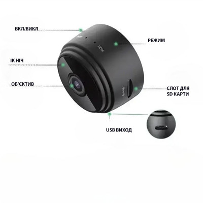 Мини камера IP Видеонаблюдение Wi-Fi FullHD 1080 Action Camera A9 беспроводная с датчиком движения