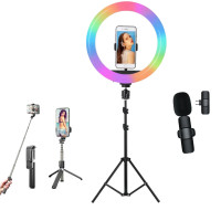 Набір блогера 4в1 Кільцева RGB LED лампа 31 см Штатив 2м Селфи-трипод Bluetooth Петличний мікрофон Набір блогера 4в1 Кільцева RGB LED лампа 31 см Штатив 2м Селфи-трипод Bluetooth Петличний мікрофон