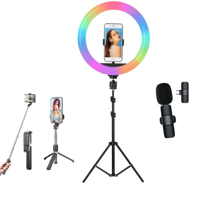 Набор блогера 4в1 Кольцевая RGB LED лампа 31 см Штатив 2м Селфи-трипод Bluetooth Петличный микрофон
