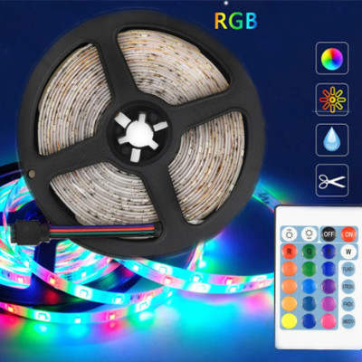 Світлодіодна Led стрічка Strip RGB 5 м 2835 з пультом та перехідником світлодіодне освітлення на самоклейці Світлодіодна Led стрічка Strip RGB 5 м 2835 з пультом та перехідником світлодіодне освітлення на самоклейці