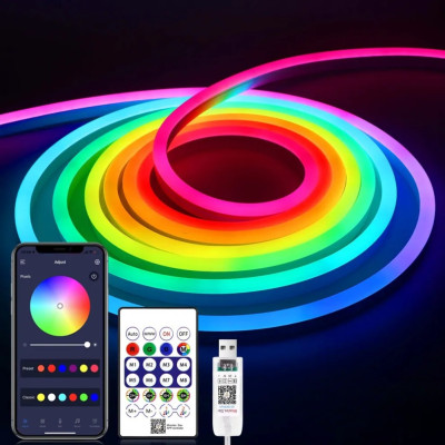 Світлодіодна LED стрічка RGB 5 м Розумна неонова стрічка із синхронізацією музики Гнучкий неон Світлодіодна LED стрічка RGB 5 м Розумна неонова стрічка із синхронізацією музики Гнучкий неон