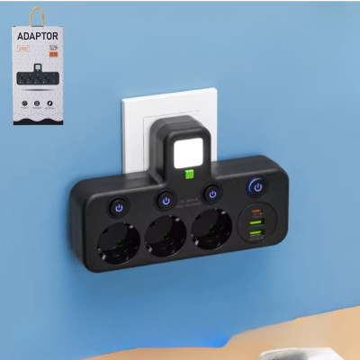 Сетевой фильтр разветвитель тройник 3 евророзетки 2-USB 1-Type-C Розетка тройник с выключателем и фонариком Разветвитель в розетк