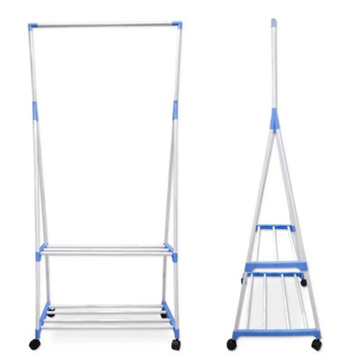 Вішалка підлогова Clothes Rack пересувна двоярусна з полицями стійка для одягу та взуття на коліщатках Вішалка підлогова Clothes Rack пересувна двоярусна з полицями стійка для одягу та взуття на коліщатках
