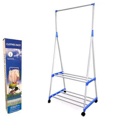 Вішалка підлогова Clothes Rack пересувна двоярусна з полицями стійка для одягу та взуття на коліщатках Вішалка підлогова Clothes Rack пересувна двоярусна з полицями стійка для одягу та взуття на коліщатках