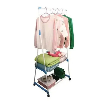 Вішалка підлогова Clothes Rack пересувна двоярусна з полицями стійка для одягу та взуття на коліщатках Вішалка підлогова Clothes Rack пересувна двоярусна з полицями стійка для одягу та взуття на коліщатках