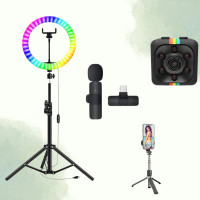 Набор блогера 5в1 Кольцевая RGB LED лампа 45см Штатив 2м Селфи трипод Bluetooth Петличный микрофон экшн камера