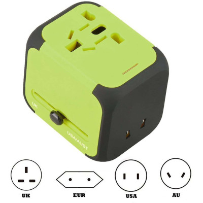 Универсальный сетевой адаптер для путешествий 2 USB Adapter Travel Переходник для всех типов розеток Салатовый Универсальный сетевой адаптер для путешествий 2 USB Adapter Travel Переходник для всех типов розеток Салатовый