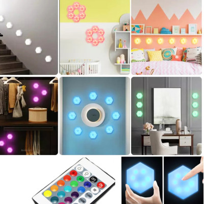 Светильник модульный LED RGB сенсорный шестигранный с пультом составная лампа соты настенные комплект 3 шт Светильник модульный LED RGB сенсорный шестигранный с пультом составная лампа соты настенные комплект 3 шт