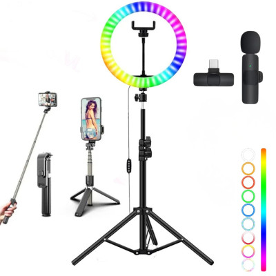 Набор блогера 4в1 Кольцевая RGB LED лампа 38 см Штатив 2м Селфи трипод Bluetooth Петличный микрофон