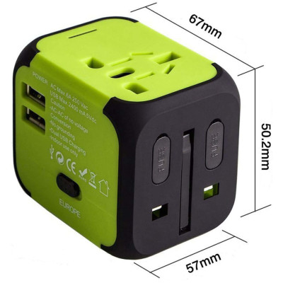 Универсальный сетевой адаптер для путешествий 2 USB Adapter Travel Переходник для всех типов розеток Салатовый Универсальный сетевой адаптер для путешествий 2 USB Adapter Travel Переходник для всех типов розеток Салатовый