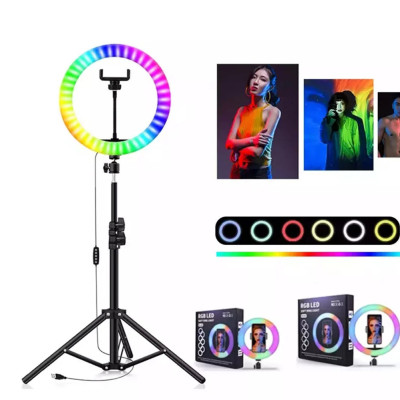 Кольорова кільцева світлодіодна LED RGB лампа MJ36 см штатив 2м підсвічування мультиколор для блогерів селфи Кольорова кільцева світлодіодна LED RGB лампа MJ36 см штатив 2м підсвічування мультиколор для блогерів селфи