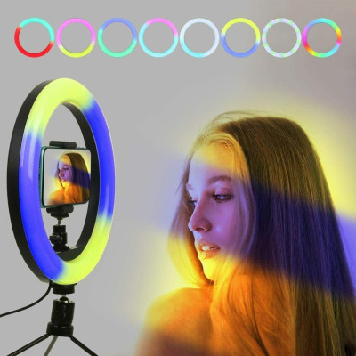 Кільцева світлодіодна кольорова лампа RGB LED 45 см Набір блогера Селфи кільце зі штативом Мультиколор MJ18 Кільцева світлодіодна кольорова лампа RGB LED 45 см Набір блогера Селфи кільце зі штативом Мультиколор MJ18