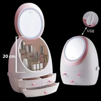 Органайзер бокс для косметики с зеркалом и LED подсветкой Настольный Кейс с защитой от влаги пыли W 1 Белый