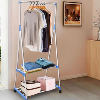Вішалка підлогова Clothes Rack пересувна двоярусна з полицями стійка для одягу та взуття на коліщатках Вішалка підлогова Clothes Rack пересувна двоярусна з полицями стійка для одягу та взуття на коліщатках