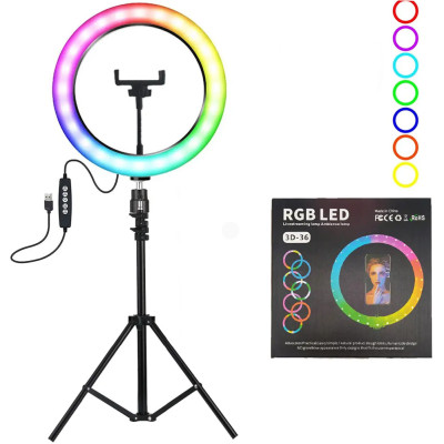 Светодиодная кольцевая лампа RGB 3D 36 см со штативом 2 м цветная двухсторонняя LED Селфи кольцо от USB