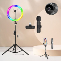 Набор блогера 5в1 Кольцевая RGB LED лампа 45см Штатив 2м Селфи трипод Bluetooth Петличный микрофон экшн камера
