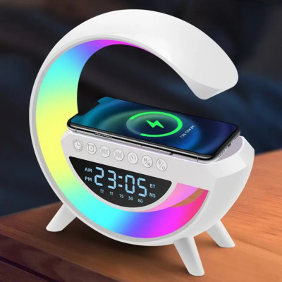 Аккумуляторный ночник с беспроводной зарядкой часами и будильником Bluetooth колонка радио RGB светильник Аккумуляторный ночник с беспроводной зарядкой часами и будильником Bluetooth колонка радио RGB светильник