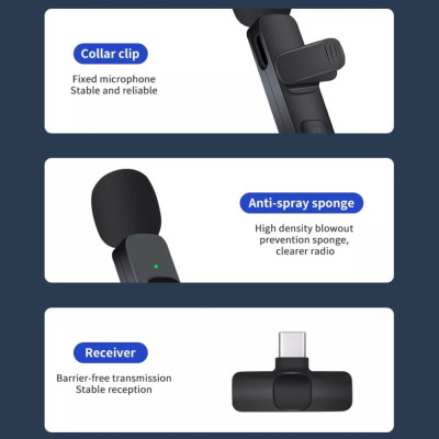 Петличный беспроводной микрофон К8 с шумоподавлением для смартфонов с ресивером Type-C Петличный беспроводной микрофон К8 с шумоподавлением для смартфонов с ресивером Type-C